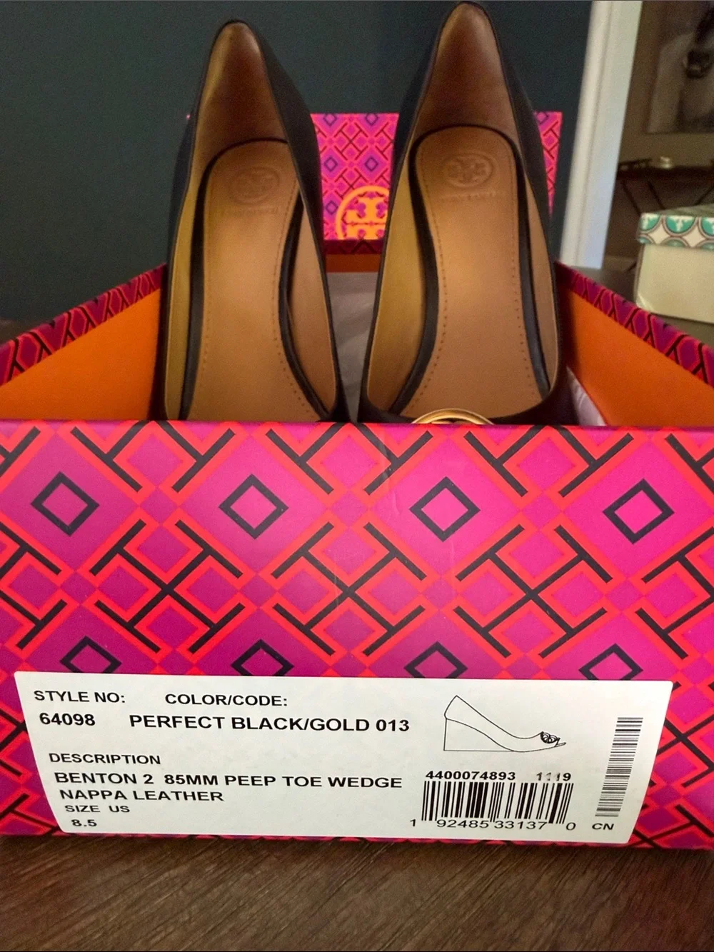 Tory Burch Black Leather Peep-Toe 85MM Wedge Heels with Gold Logo Medallion